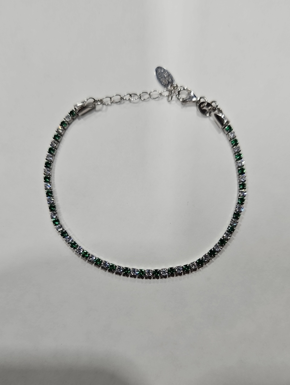 AMEN Italy 925 Sterling Silver Green & White CZ Tennis Bracelet 16+3cm